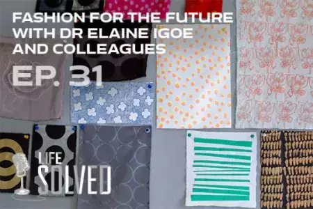 swatches on patterned fabrics pinned to a wall with life solved logo and introduction title
